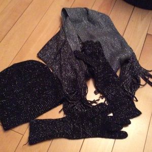 🌼3/25 black sparkly knit scarf, hat, gloves